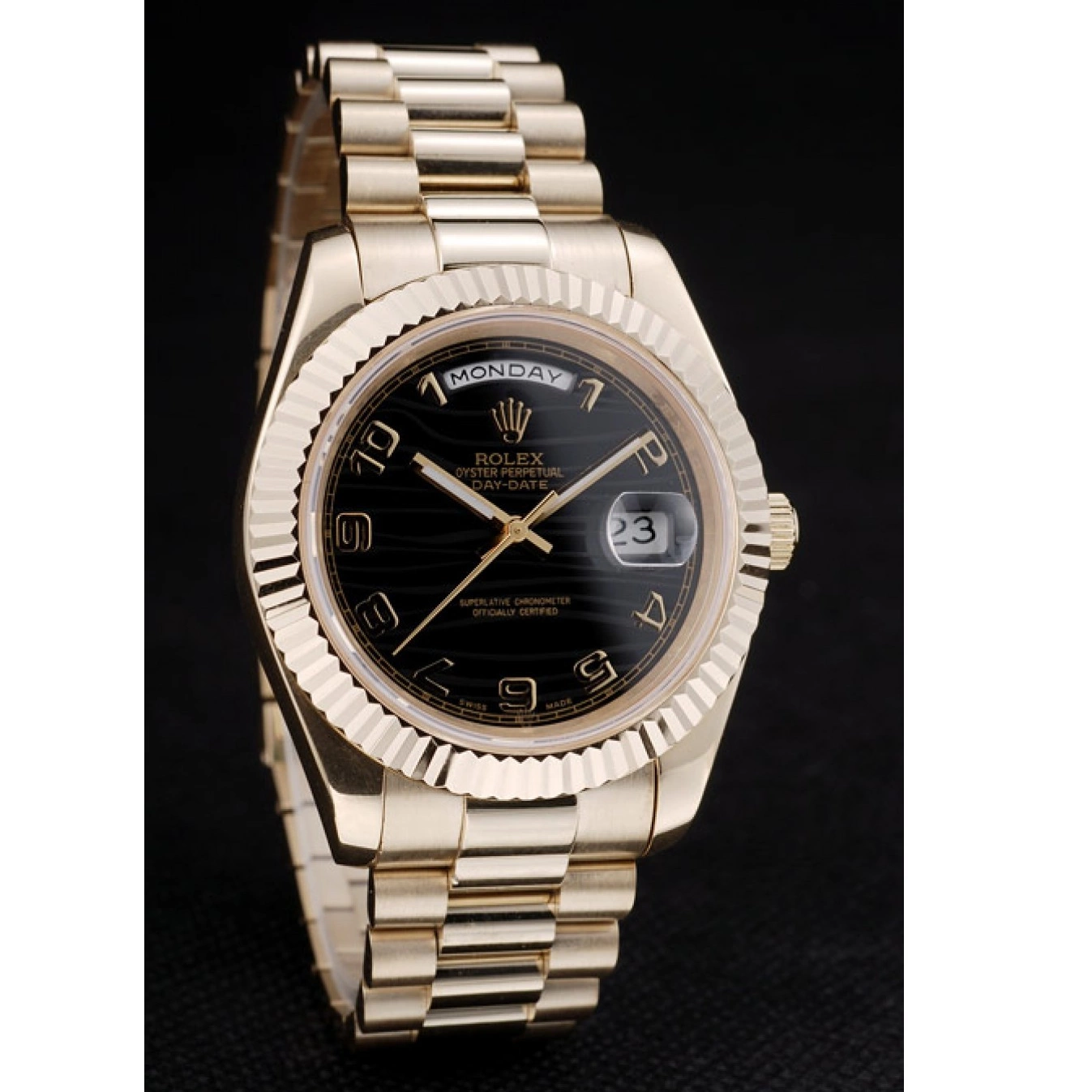 MiroTime 0725 Rolex Swiss DayDate Gold Stainless Steel Ribbed Bezel Black Dial 41998